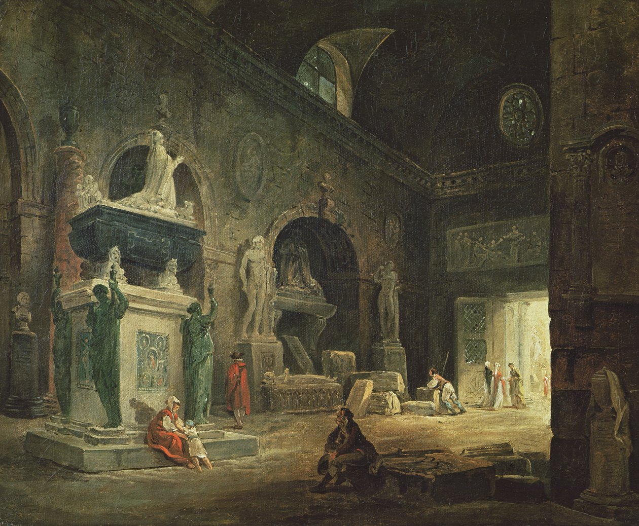 Udsigt over et galleri i Musee des Monuments Francais af Hubert Robert
