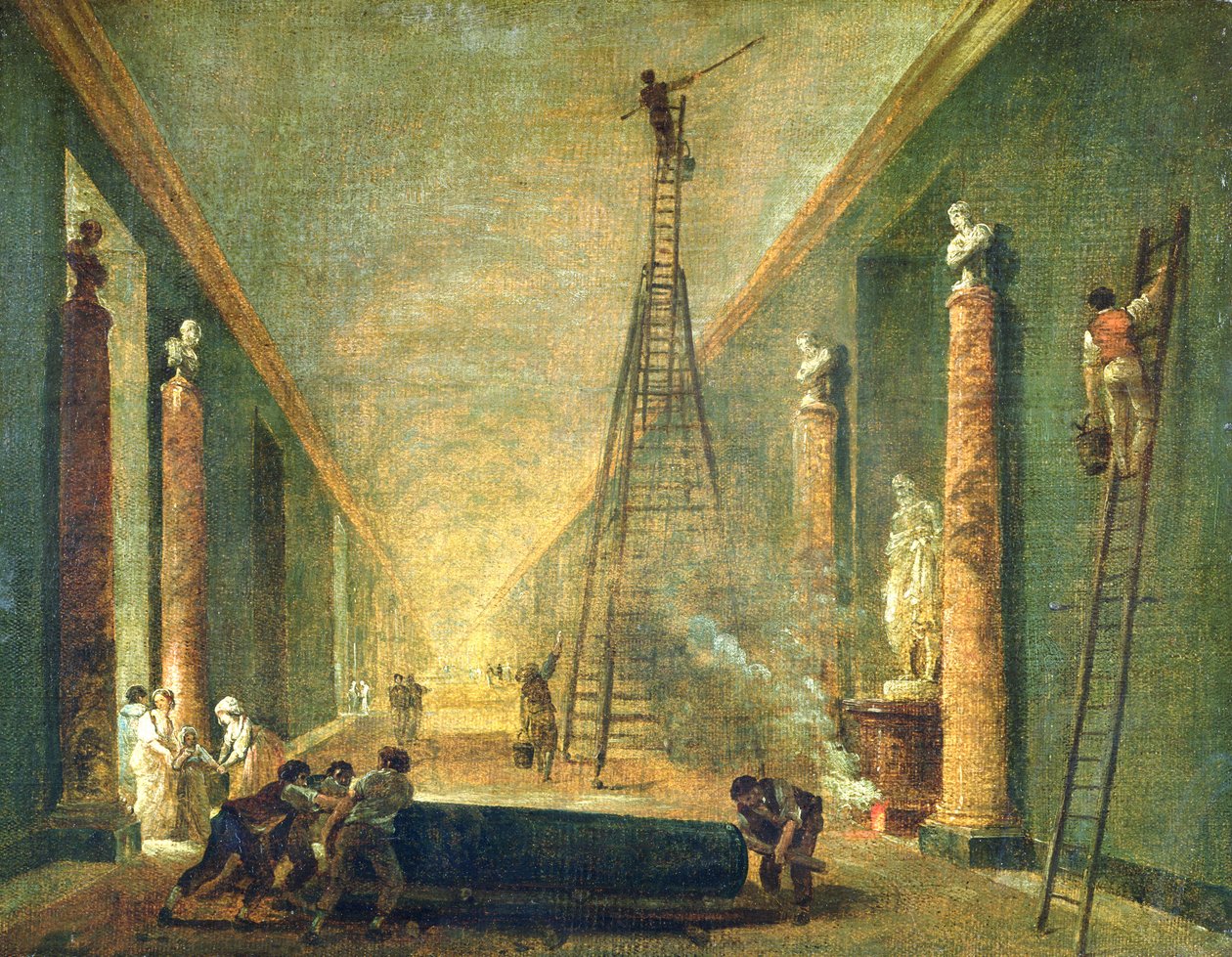Udsigt over det store galleri i Louvre under restaurering, 1798-99 af Hubert Robert