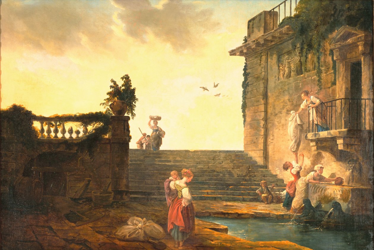 Vaskekone ved springvandet, ca.1770-75 af Hubert Robert