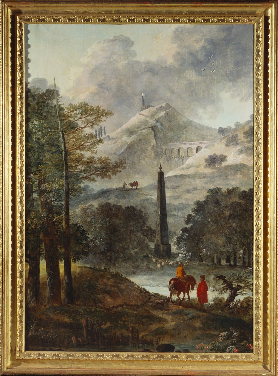 Et bjergrigt Landskab med en Obelisk af Hubert Robert