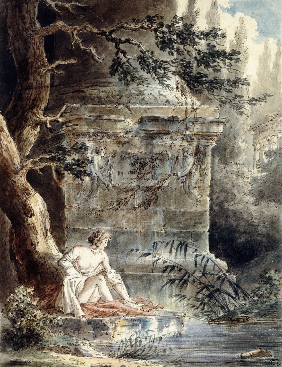 En ung badende nær en søjle, af Hubert Robert