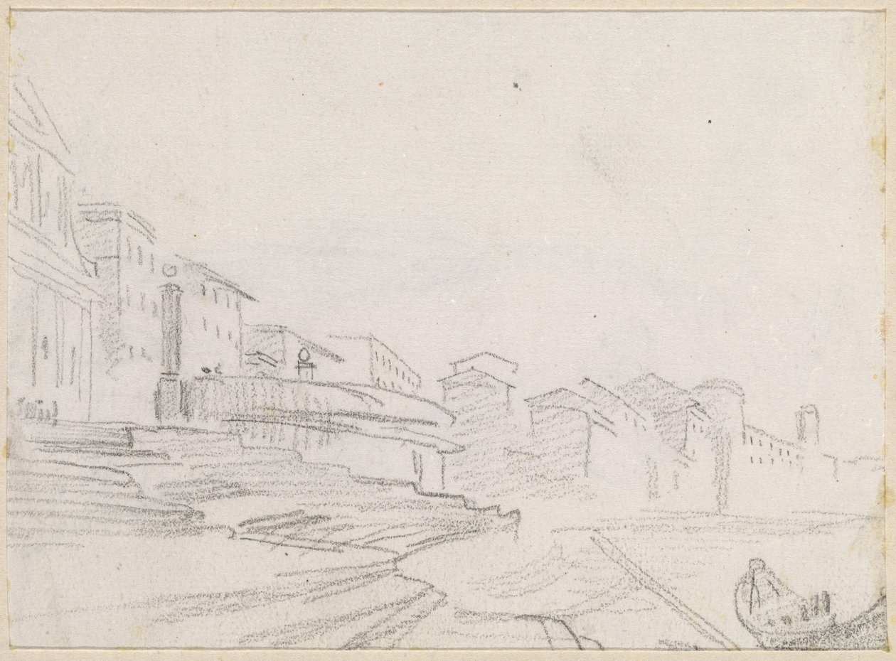 Bygninger langs en flodbred [verso] af Hubert Robert