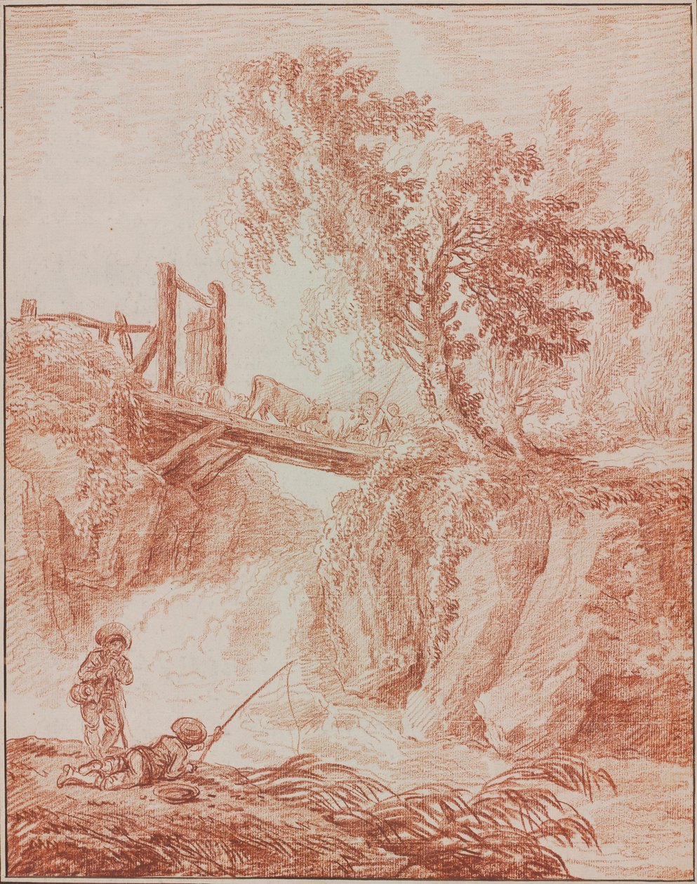 Hyrder krydser et vandfald af Hubert Robert