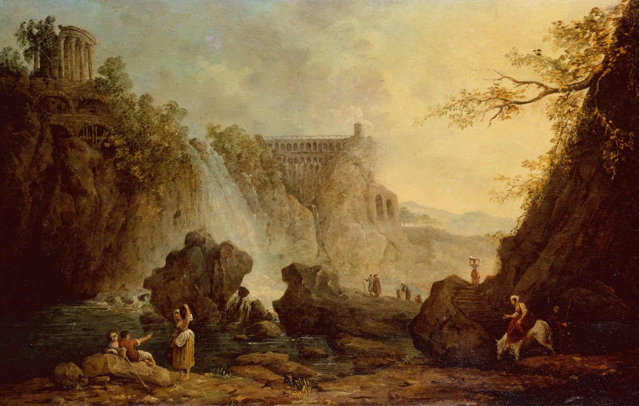 Landskab med vandfald (olie på lærred) af Hubert Robert