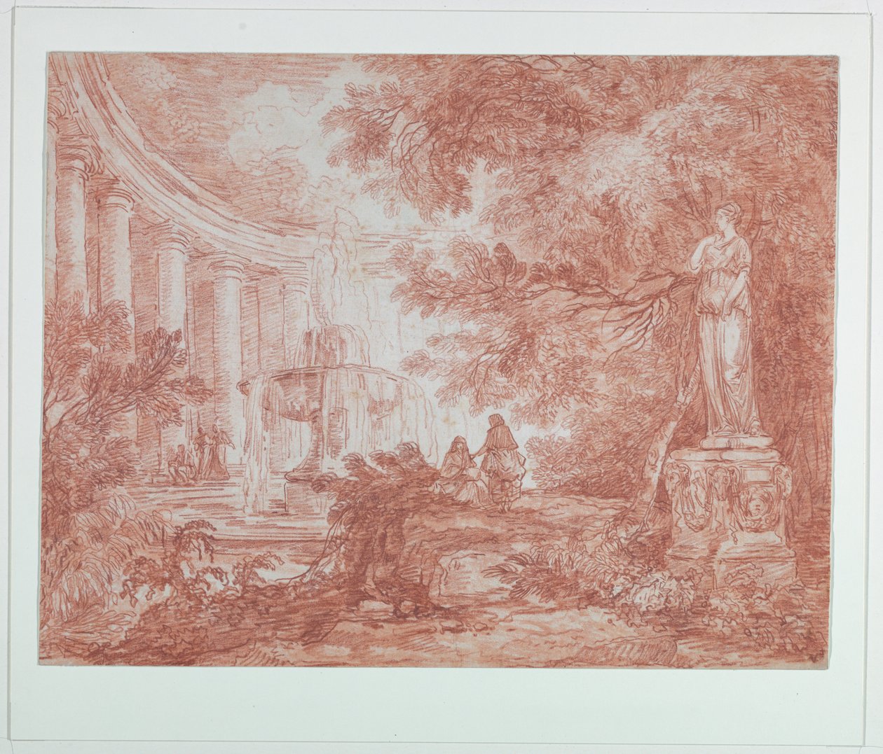 Park med springvand og statue af Hubert Robert