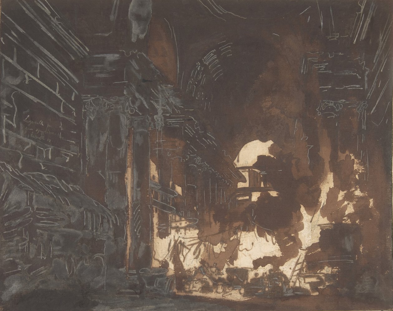 Vaskekvinder i et ødelagt galleri, ca. 1760. af Hubert Robert