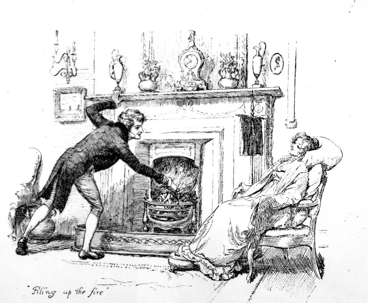"Piling up the fire", illustration til "Pride und Prejudice" af Jane Austen, udgave udgivet i 1894 af Hugh Thomson