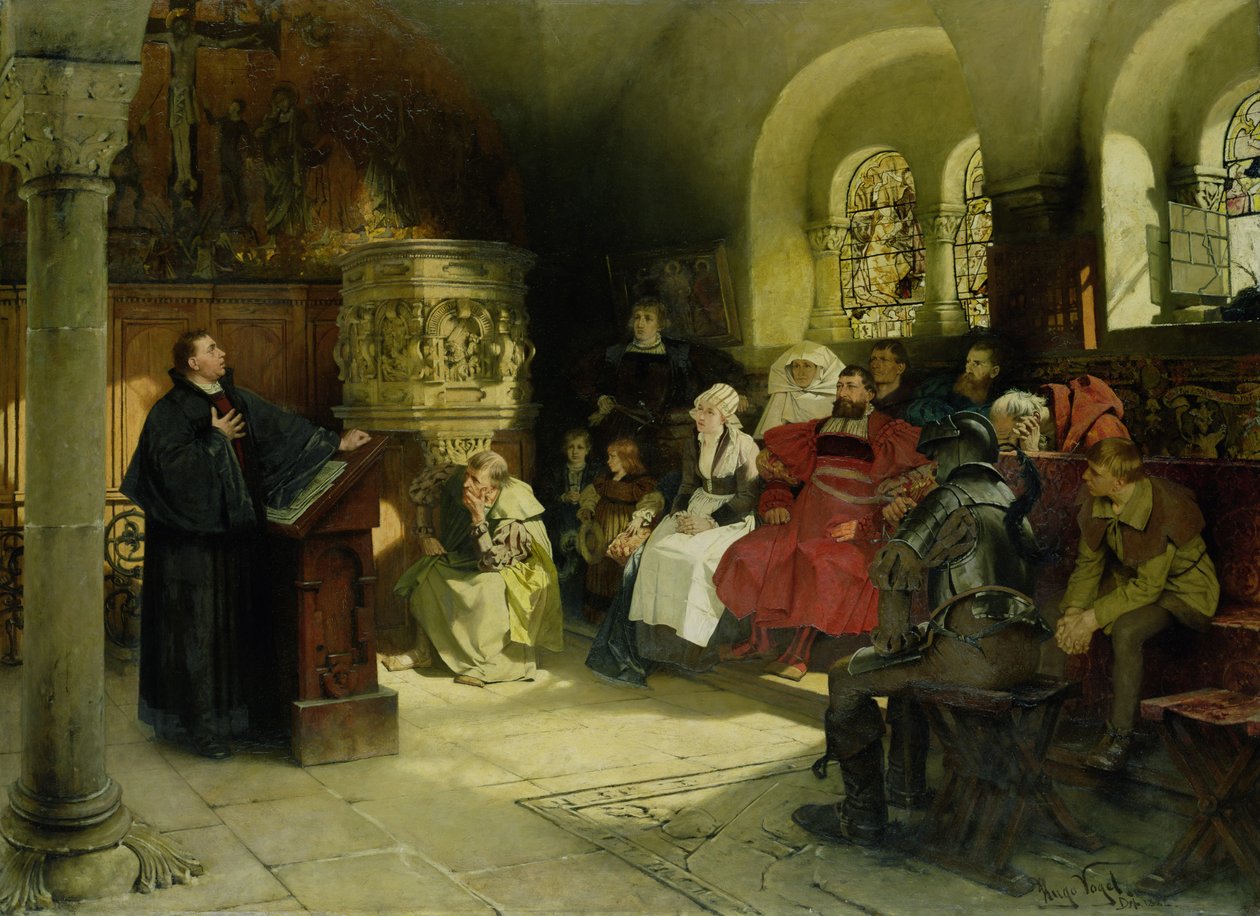 Luther prædiker ved at bruge sin bibeloversættelse, mens han var fængslet i Wartburg, 1882 af Hugo Vogel