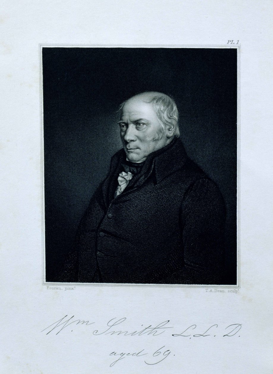 Portræt af William Smith (1769-1839) 69 år, frontispice fra Memoirs of William Smith af hans nevø og elev John Phillips, indgraveret af T.A. Dean (fl.1818-1850) pub. af John Murray, 1844 (gravi af Hugues Fourac