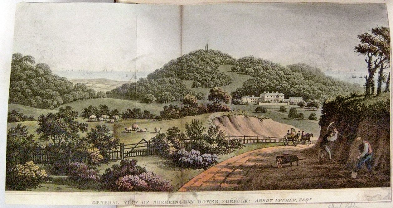 Generelt syn på Sherringham Bower, Norfolk: Abbed Upcher, ca. 1812 af Humphry Repton