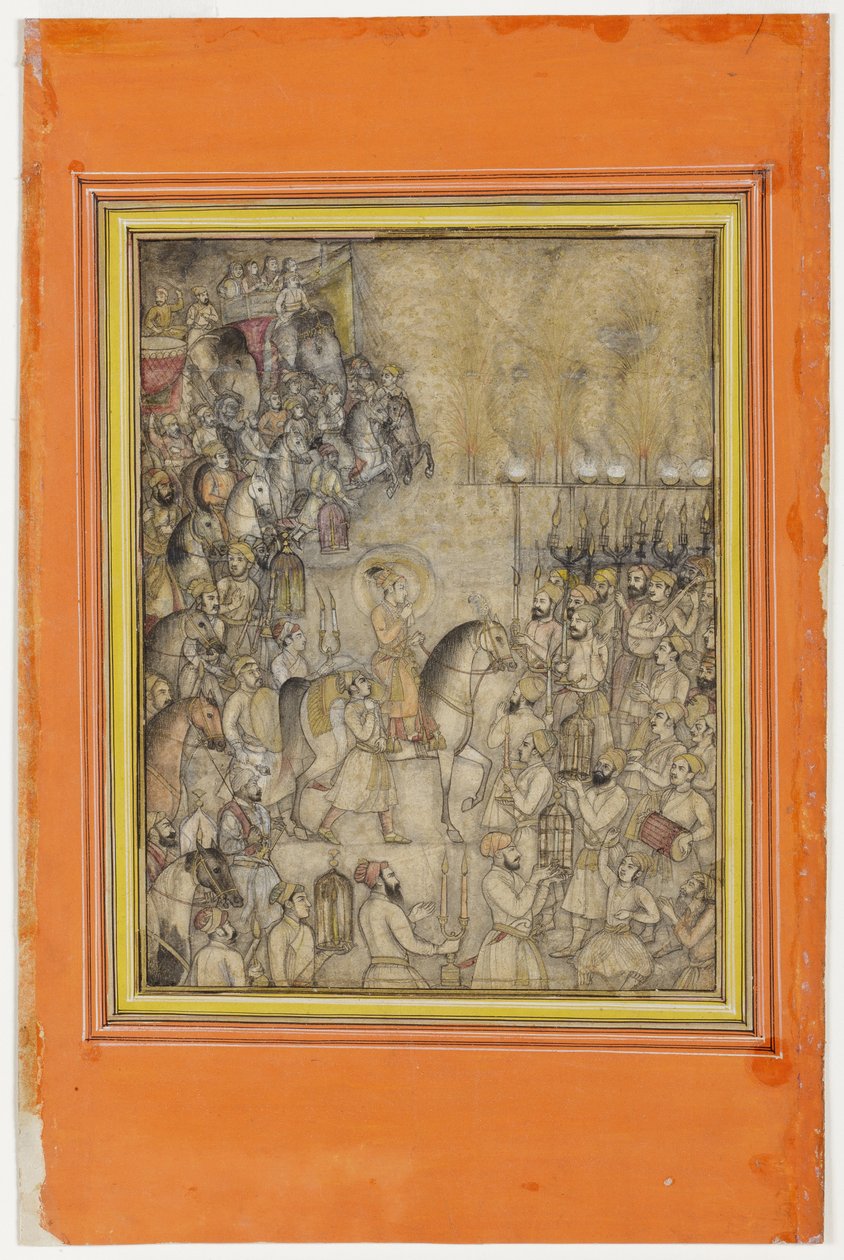Festligheder på tidspunktet for ægteskabet af Aurangzeb, ca. 1640 (ugennemsigtig wc og guld på papir) af Hunhar