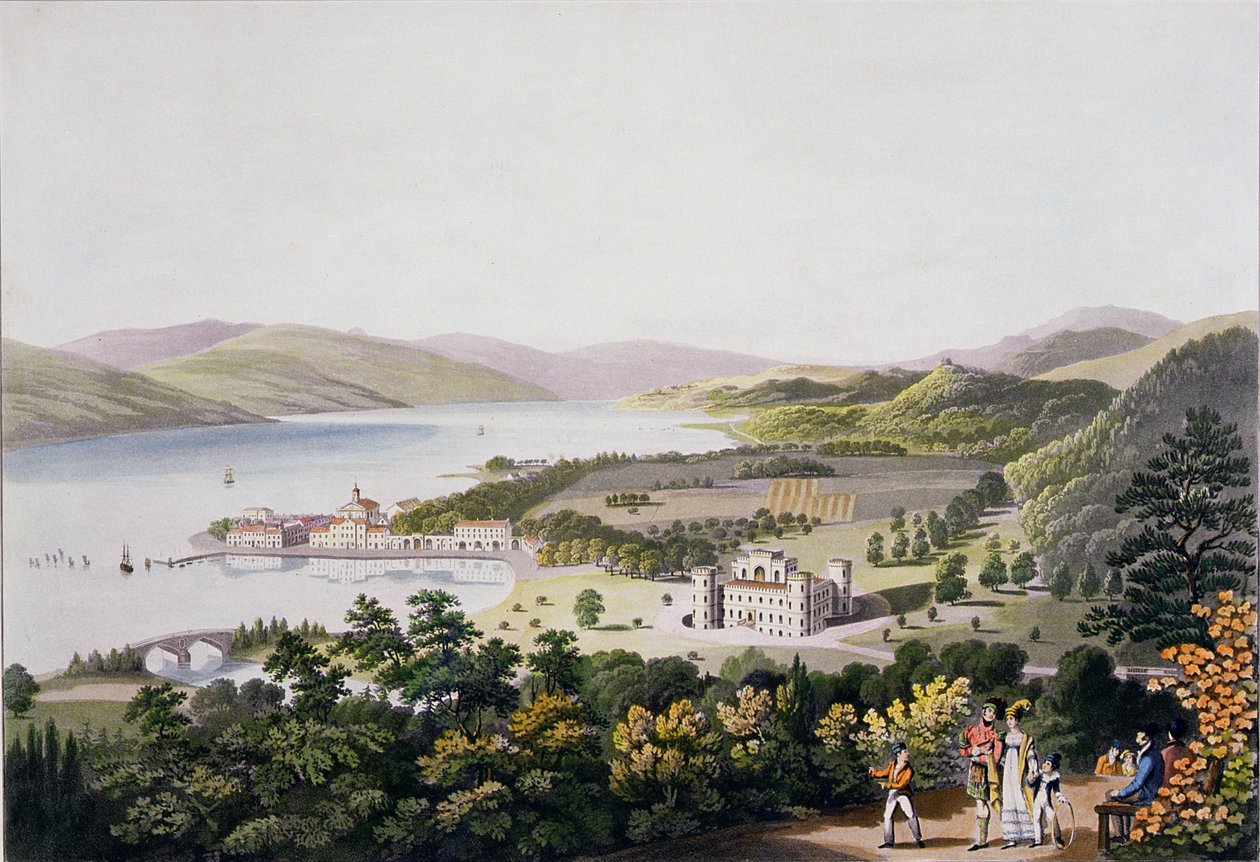 The Town of Inverary, pub. af Smith and Elder, 1824 (akvatint) af I Clark
