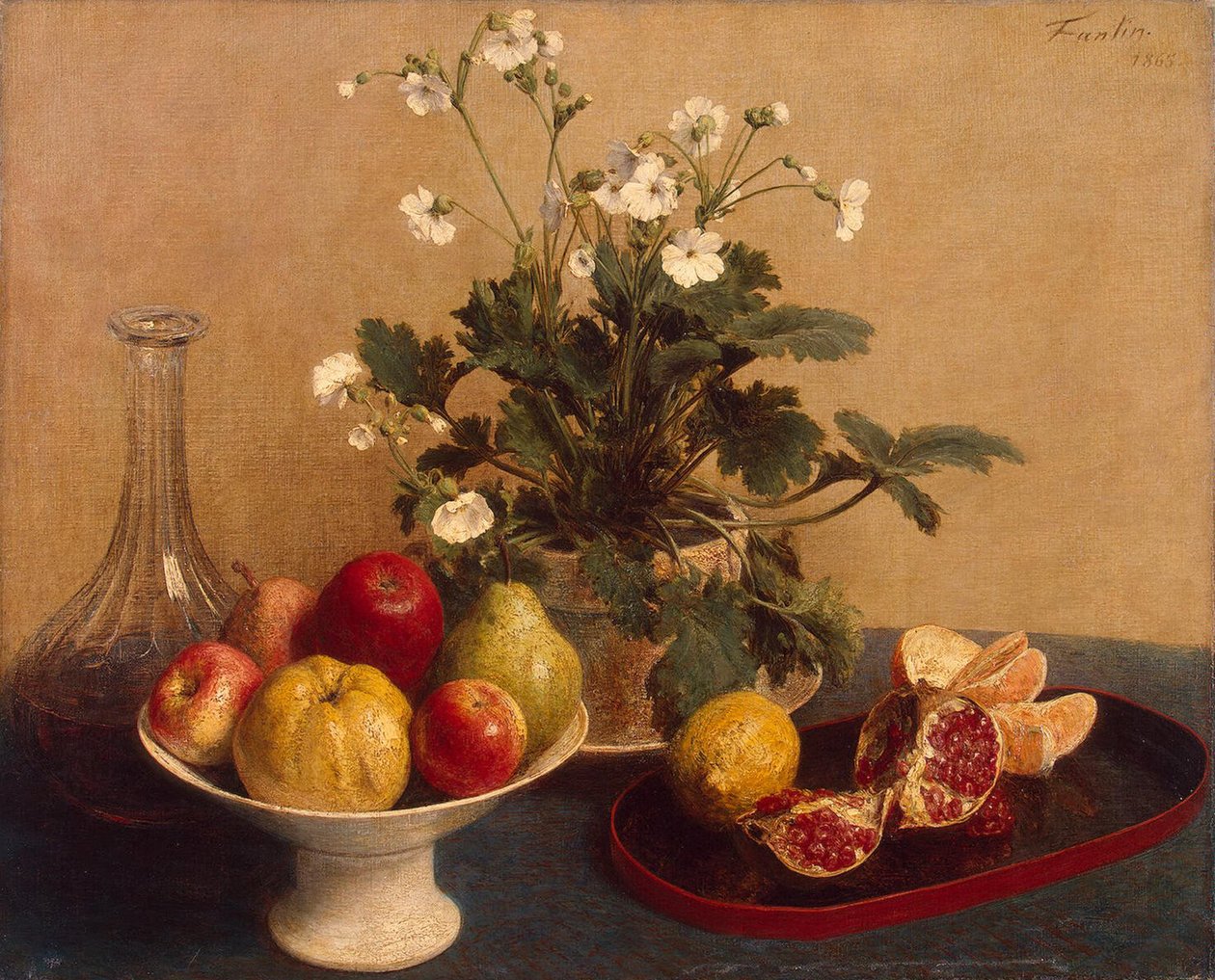 Blomster, fad med frugt og karaffel, 1865 af Ignace Henri Jean Fantin Latour