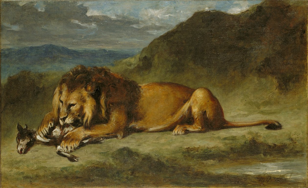 Løven sluger en ged af Imitator of Eugène Delacroix