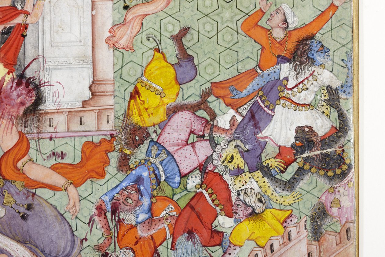 Detalje fra Krishna Spalter Dæmonen Narakasura med sin Discus, ca. 1585-90 (ugennemsigtigt wc & guld på papir) af Indian School