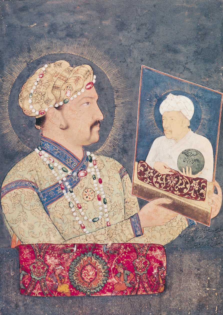 Kejser Jahangir (1569-1627) med et portræt af kejser Akbar (1542-1605) af Indian School