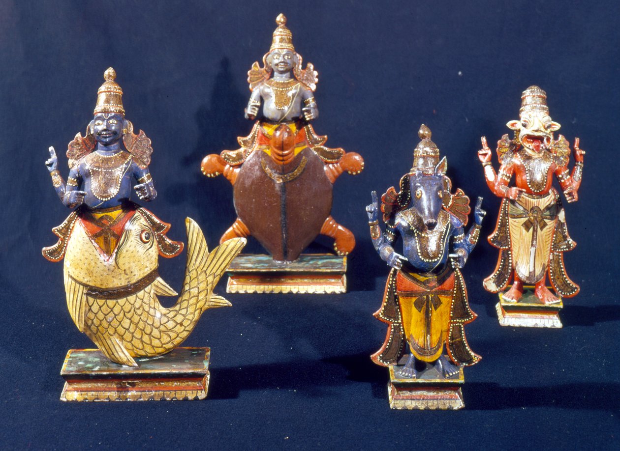 Fire af inkarnationerne af Vishnu (malet træ) af Indian School