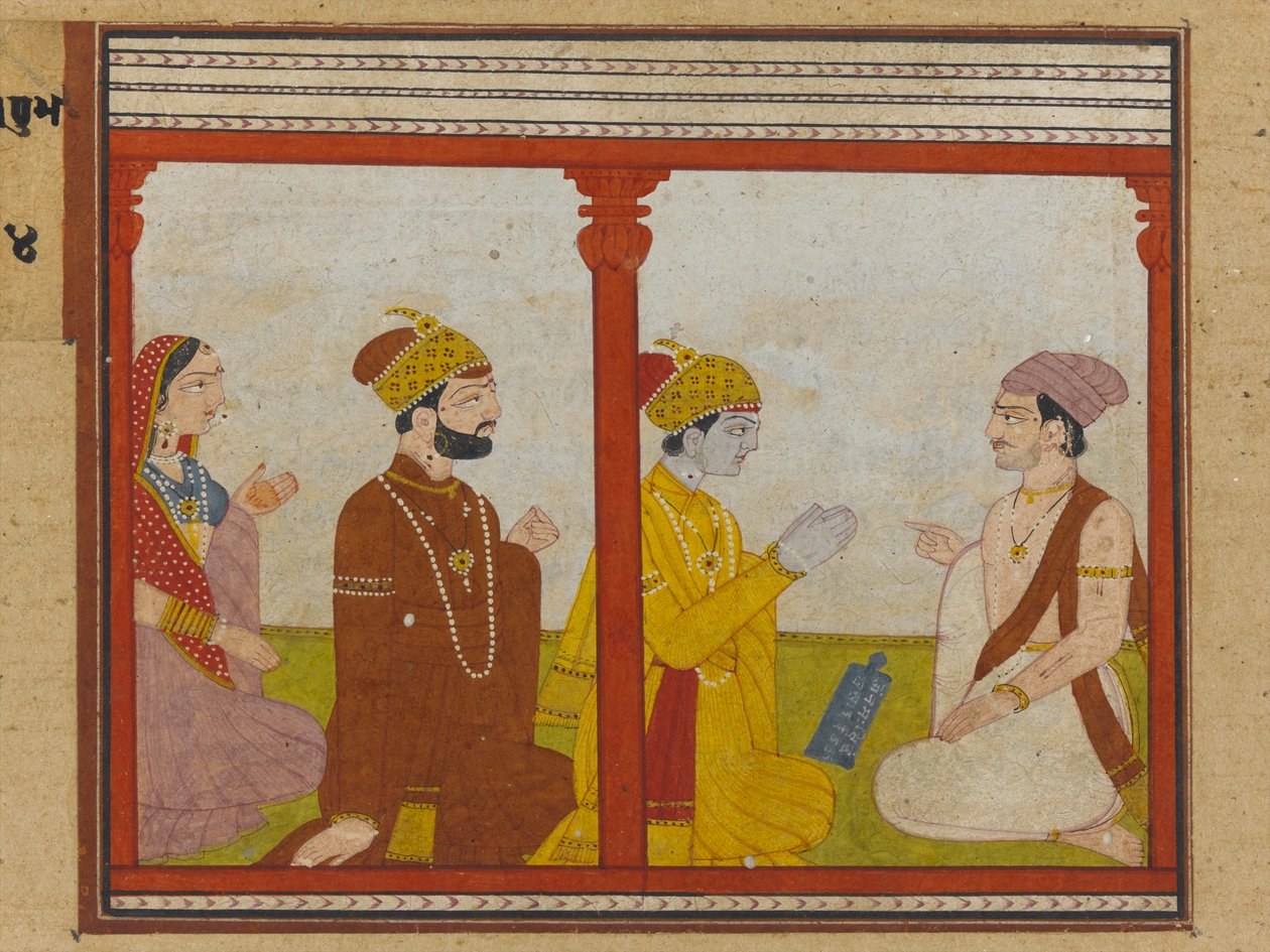 Illustration fra en Madhu-Malati-serie, ca. 1799 (ugennemsigtigt wc & guld på papir) af Indian School