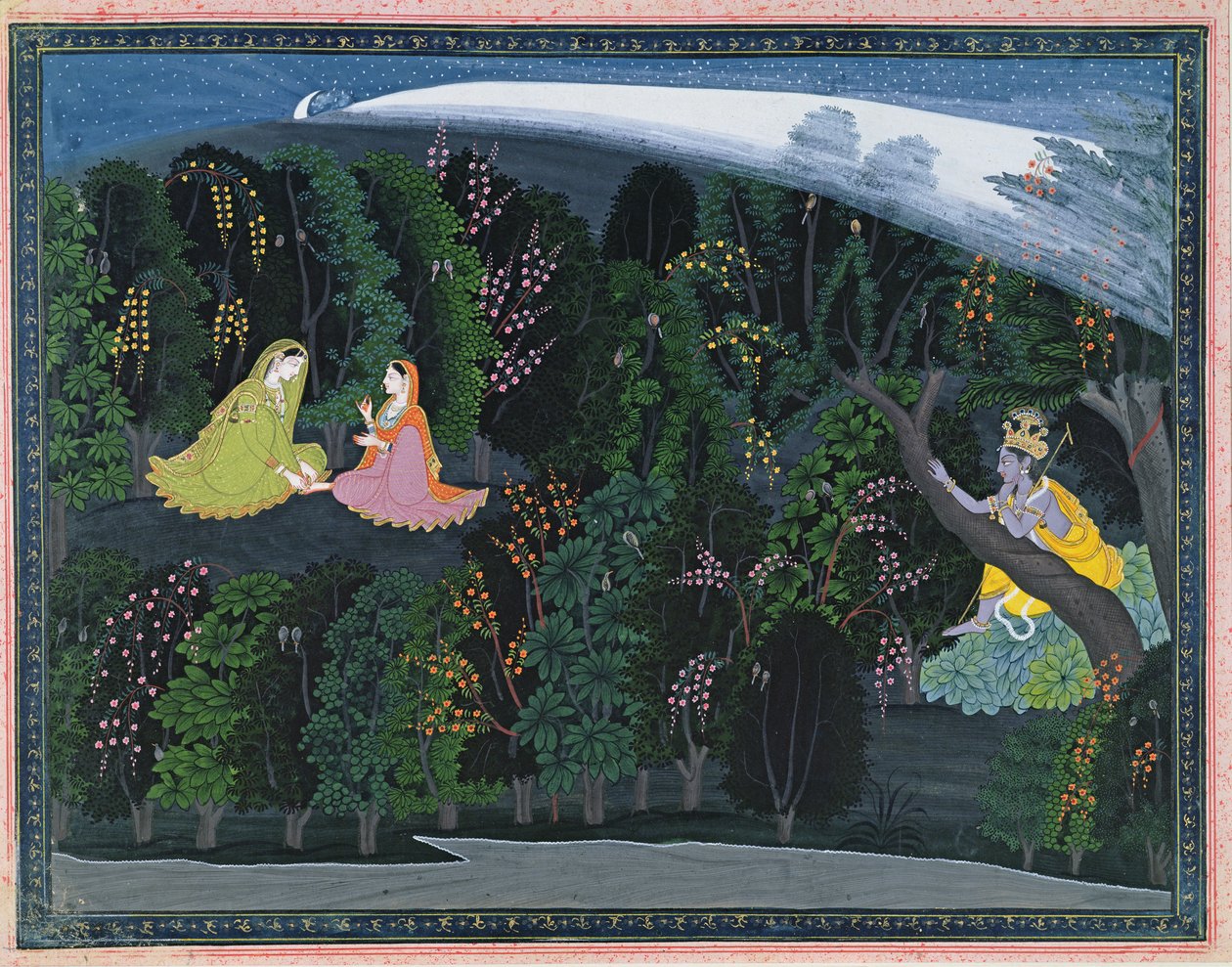 Krishna stirrer længselsfuldt på Radha, illustration fra Lumbagraon Gita Govinda-serien, ca. 1820-25 (ugennemsigtigt wc & guld på papir) af Indian School