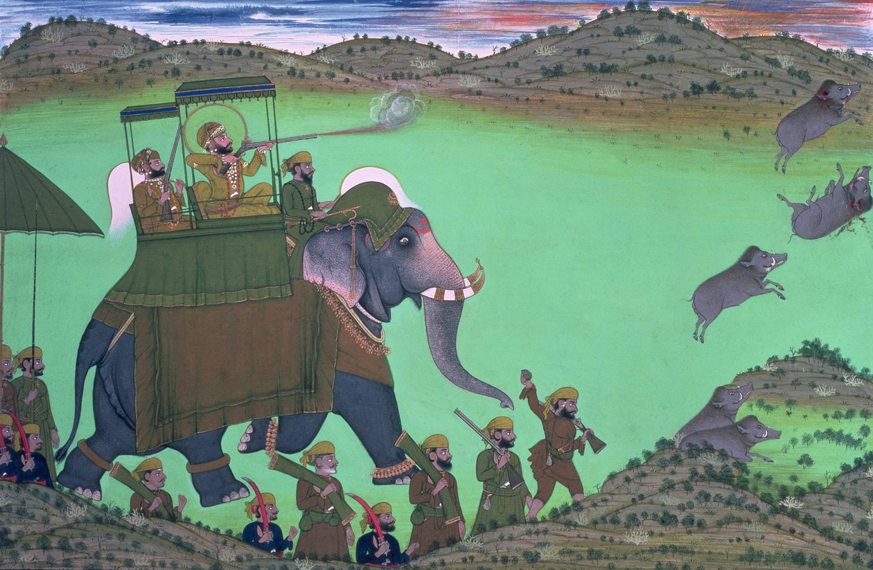 Maharana Sarup Singh fra Udaipur skyder orne fra Elephant-Back, Rajasthan, 1855. af Indian School
