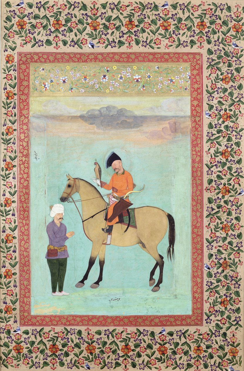 Ms E-14 Shah Abbas (1571-1629) på en hest, der holder en falk, ca. 1620 af Indian School