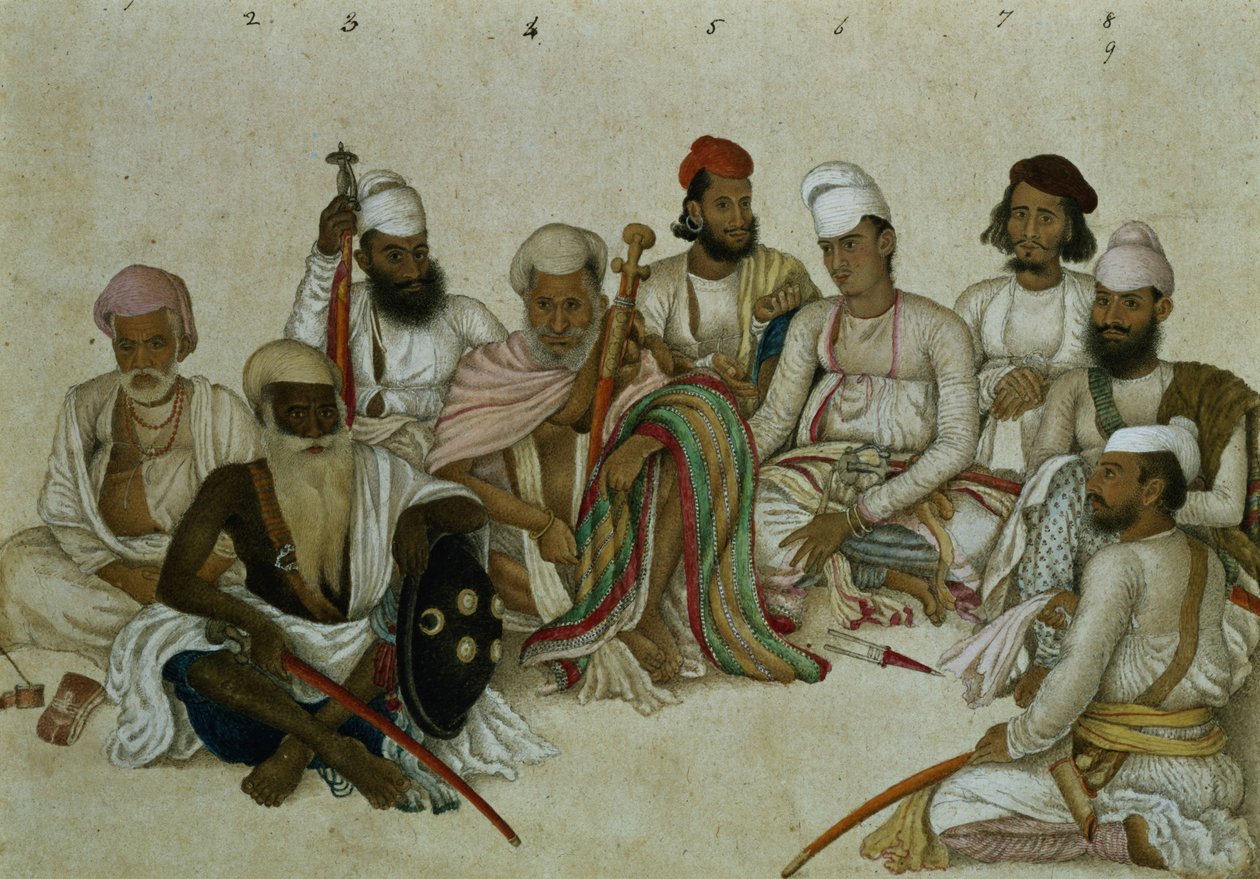 Ni hofmænd og tjenere fra Raja Patiala, ca. 1817 (blyant og gouache på papir) af Indian School