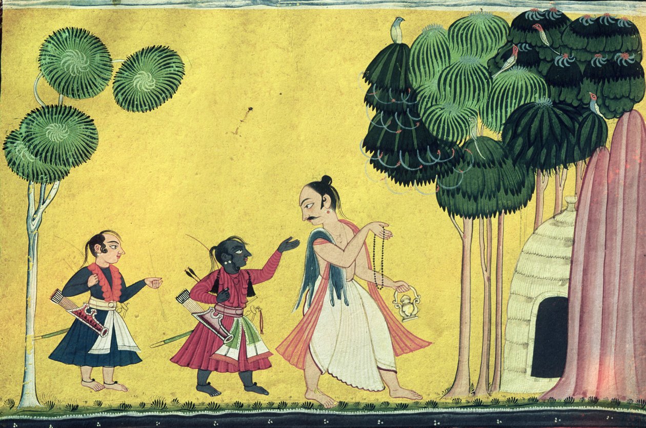Rama og Lakshmana ledsaget af Visvamitra, fra Ramayana, ca. 1750 af Indian School