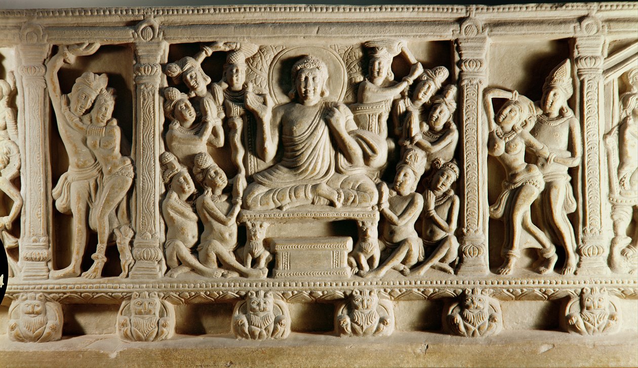 Relief, der viser siddende Buddha, der prædiker omgivet af tilbedere, Mathura School af Indian School