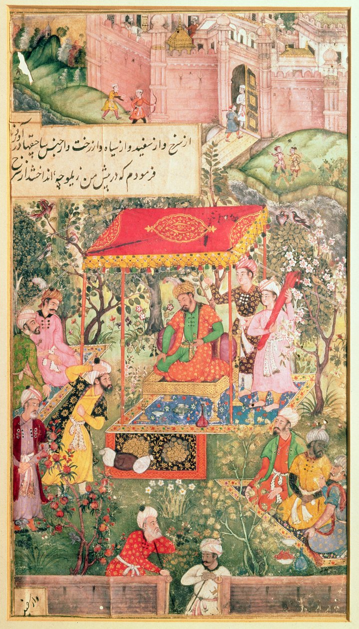 Mogulkejseren Babur modtager gesandterne Uzbeg og Rauput i haven i Agra den 18. december 1528. Kejseren sidder på en trone under en baldakin, og i baggrunden ses Agras befæstninger, af Indian School