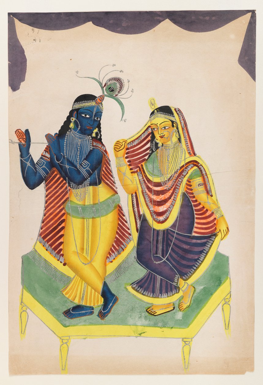 Krishna og Radha, slutningen af det 19.-begyndelsen af det 20. århundrede (wc på papir med polerede tin-accenter) af Indian School