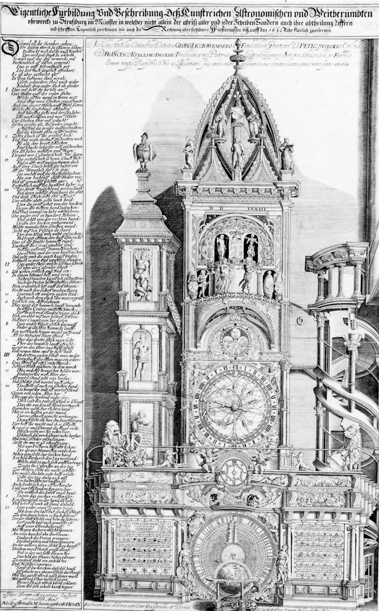 Det astronomiske ur i domkirken i Strasbourg, 1621 (gravering og bogtryk) af Franz Isaac Brun