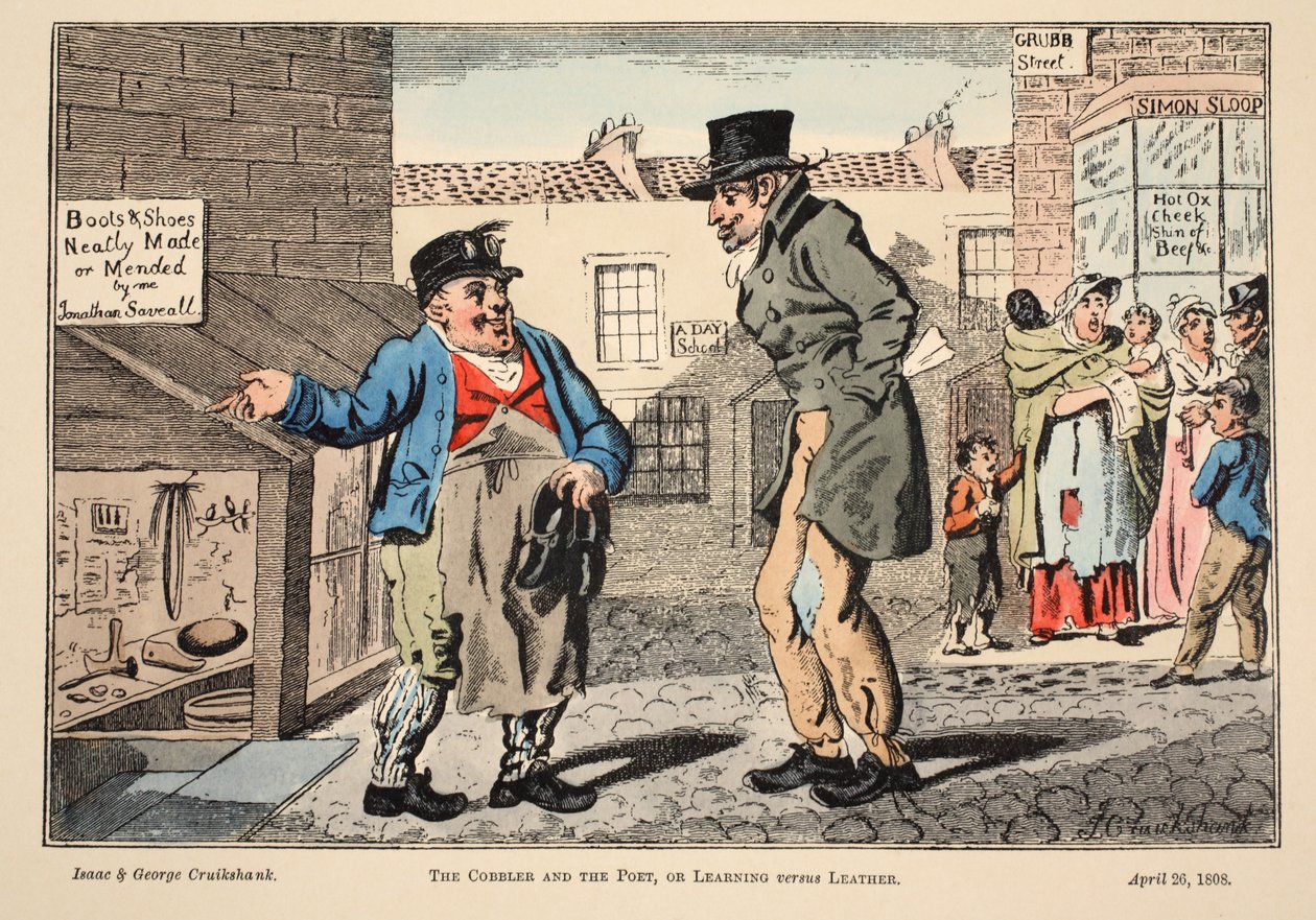 The Cobbler and the Poet, or Learning vs. Leather, 1808 (håndfarvet gravering) af Isaac, Robert and George Cruikshank