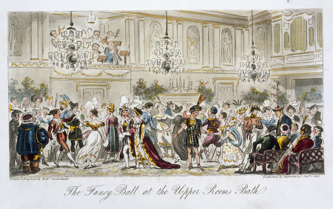 The Fancy Ball at the Upper Rooms, Bath, fra "The English Spy", af Charles Molloy Westmacott (1788-1868), udgivet i London 1825. af Isaac Robert Cruikshank