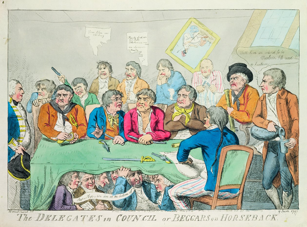 De delegerede i råd eller tiggere til hest, 1797 (farveætsning) af Isaac Robert Cruikshank