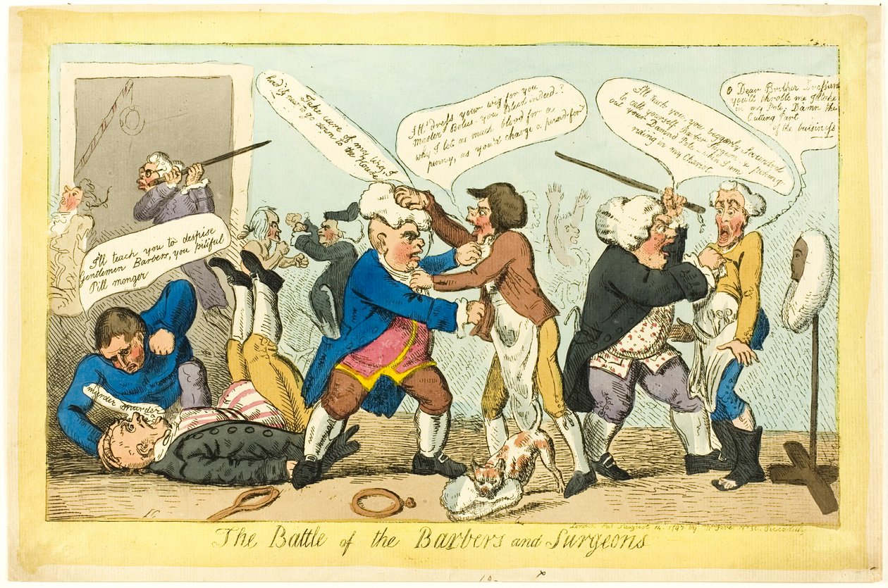 Kampen mellem frisører og kirurger af Isaac Cruikshank