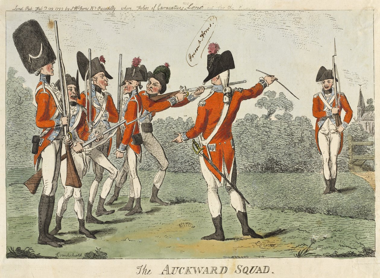 Auckward Squad, 1793 (farvet radering) af Isaac Cruikshank