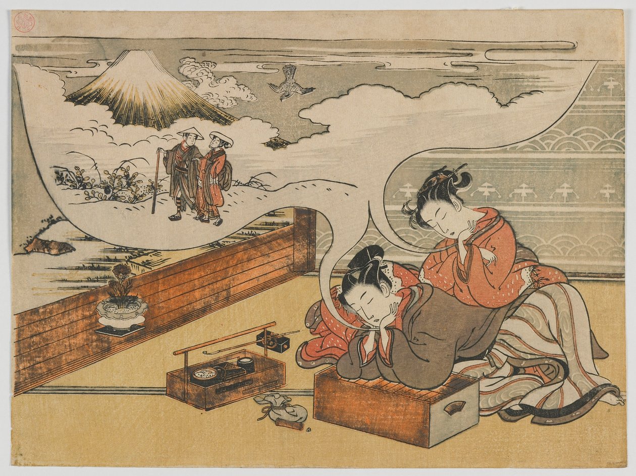 Drømmer om at gå i nærheden af Fuji, Edo-perioden, 1770-73 (træblok i farver) af Isoda Koryusai
