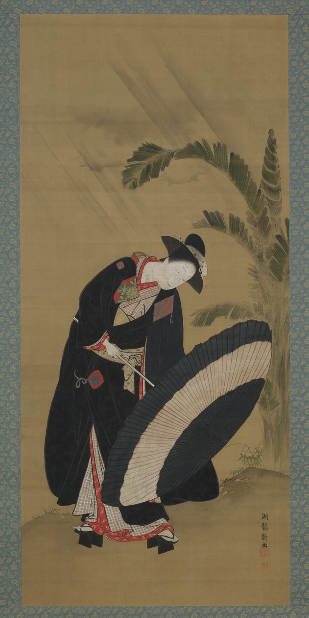 Sommer: en ung kvinde sætter en paraply op, Edo-periode, ca. 1772-80 (farve og guld på silke) af Isoda Koryusai