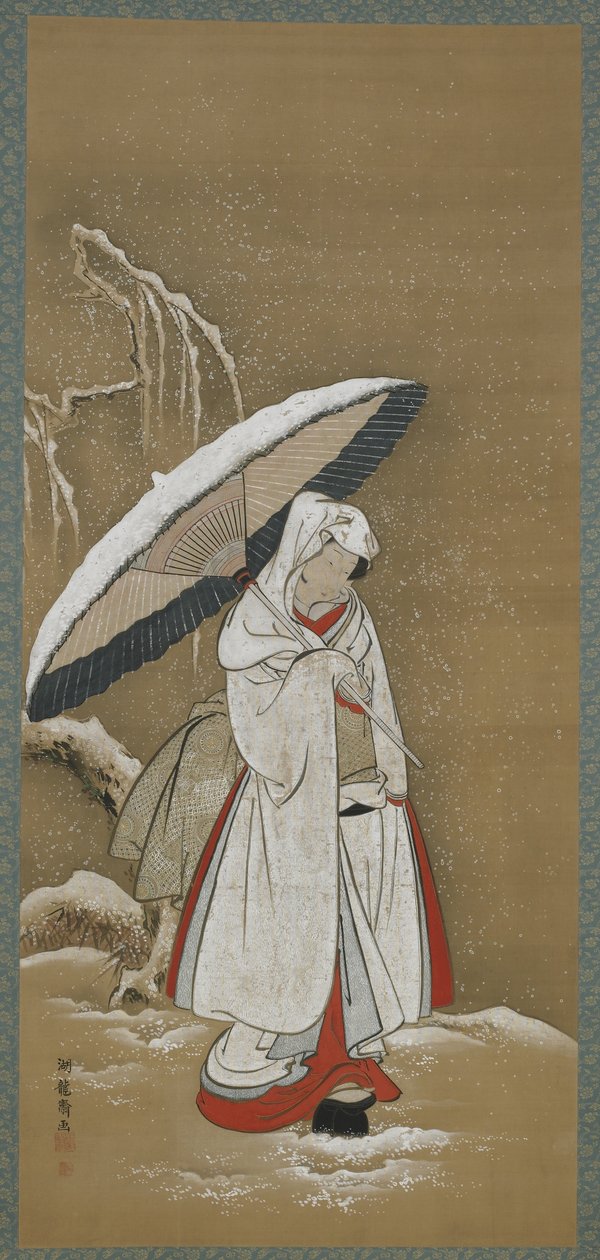 Vinter: en ung kvinde, der går i sneen, Edo-perioden, ca. 1772-80 (farve og guld på silke) af Isoda Koryusai