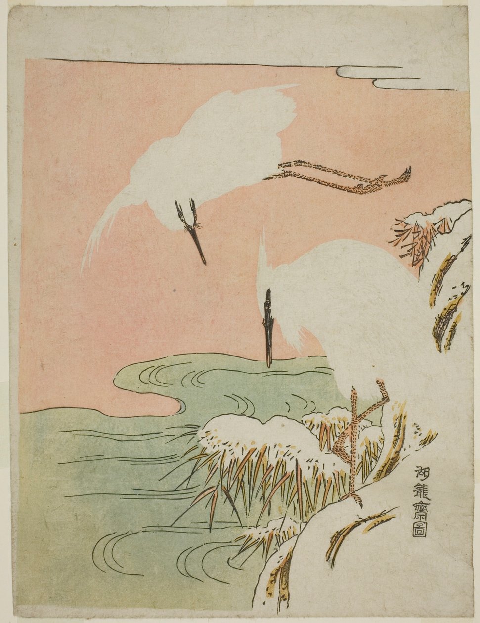 To egrets i sneen af Isoda Koryusai