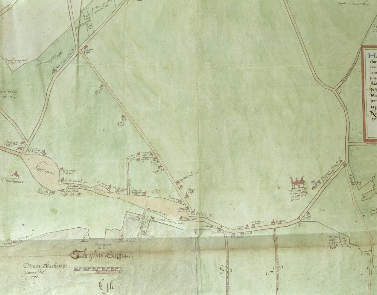 Ms.255171 Ejendomskort over Belchamp St. Paul, 1576 (pen & blæk og wc på papir) (detaljer) af Israel Amyce
