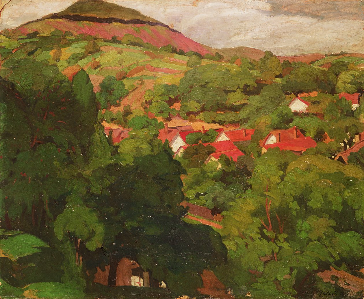 Landskab ved Nagybanya, Ungarn, panel fra 1918 af Istvan Reti