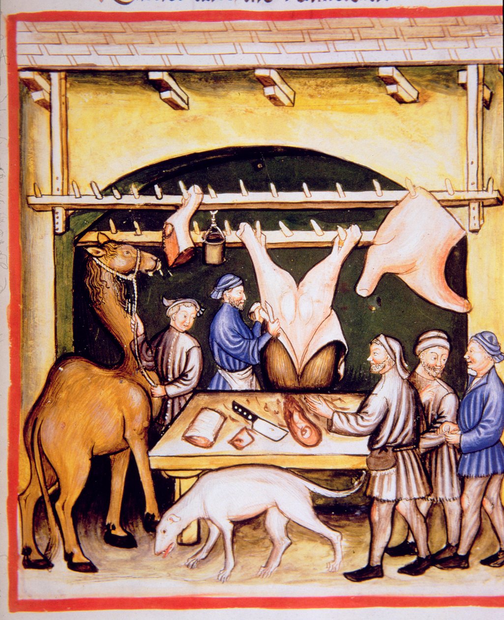 Fol.74r The Butchers: The Meat from Cows and Camels, illustration fra Tacuinum Sanitatis Codex Vindobonensis af Italian School