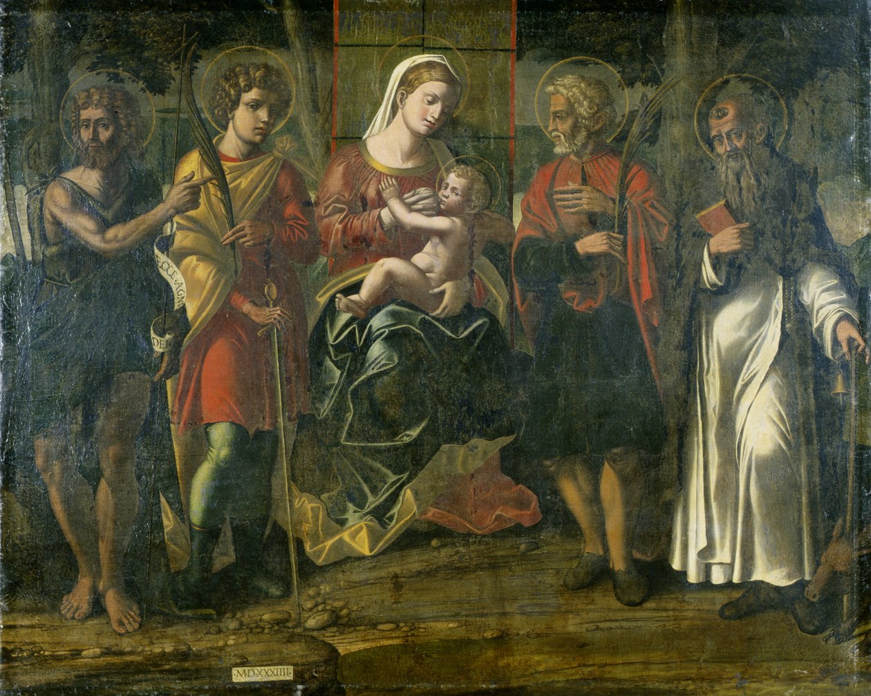 Madonna og barn med Johannes Døberen, Anthony og andre helgener, 1534 (tempera på lærred) af Italian School