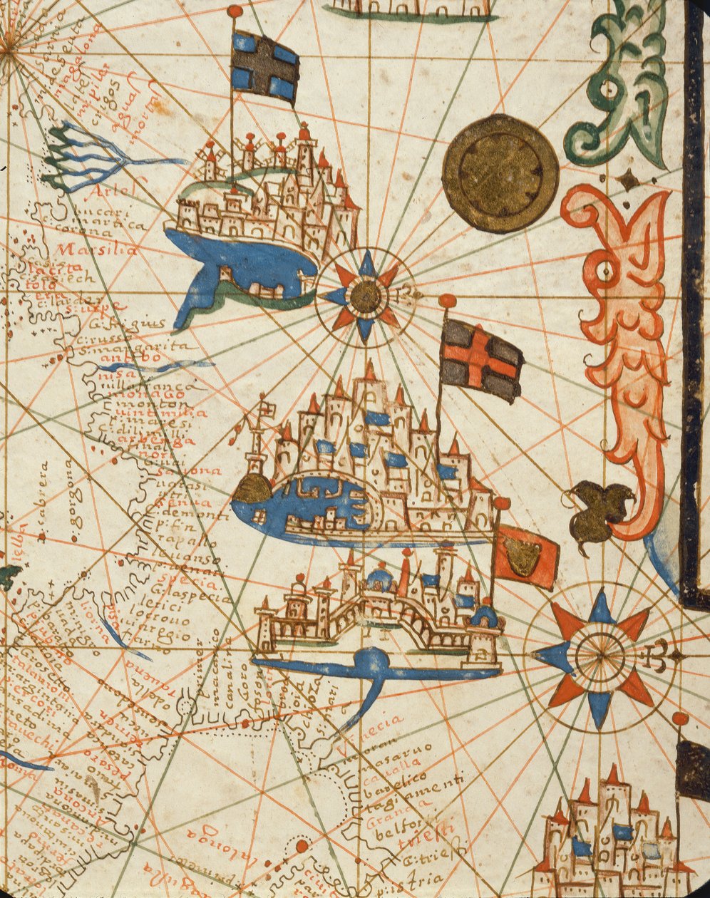 Marseille, Genova og Venedig, fra et nautisk atlas, 1646 (blæk på vellum) (detalje fra 330937) af Italian School