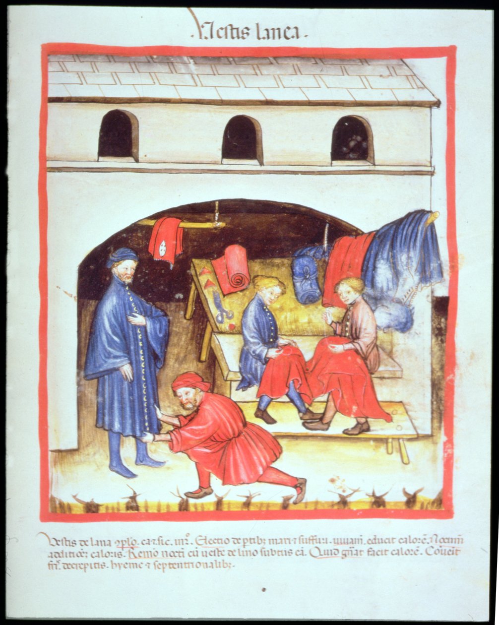 Nova 2644 fol.105r The Tailors: Clothes of Wool, fra Tacuinum Sanitatis af Italian School