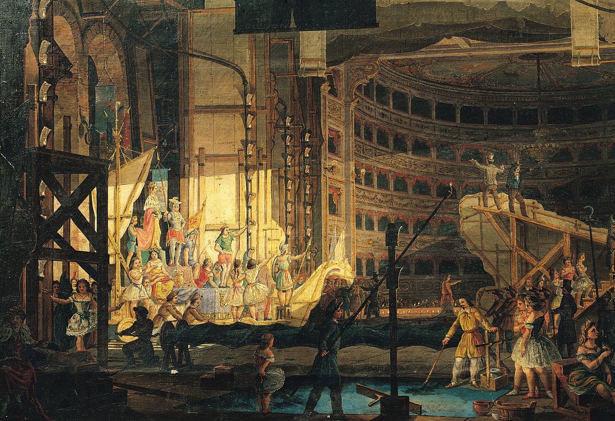 Forberedelse af sceneri i et teater af Italian School