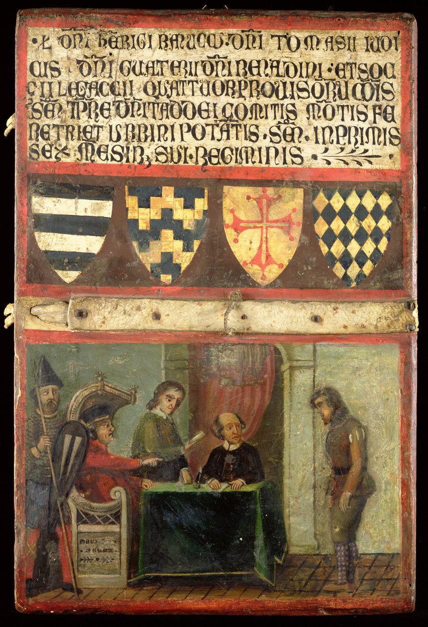 Scene of Justice med fire våbenskjolde, 1273 af Italian School