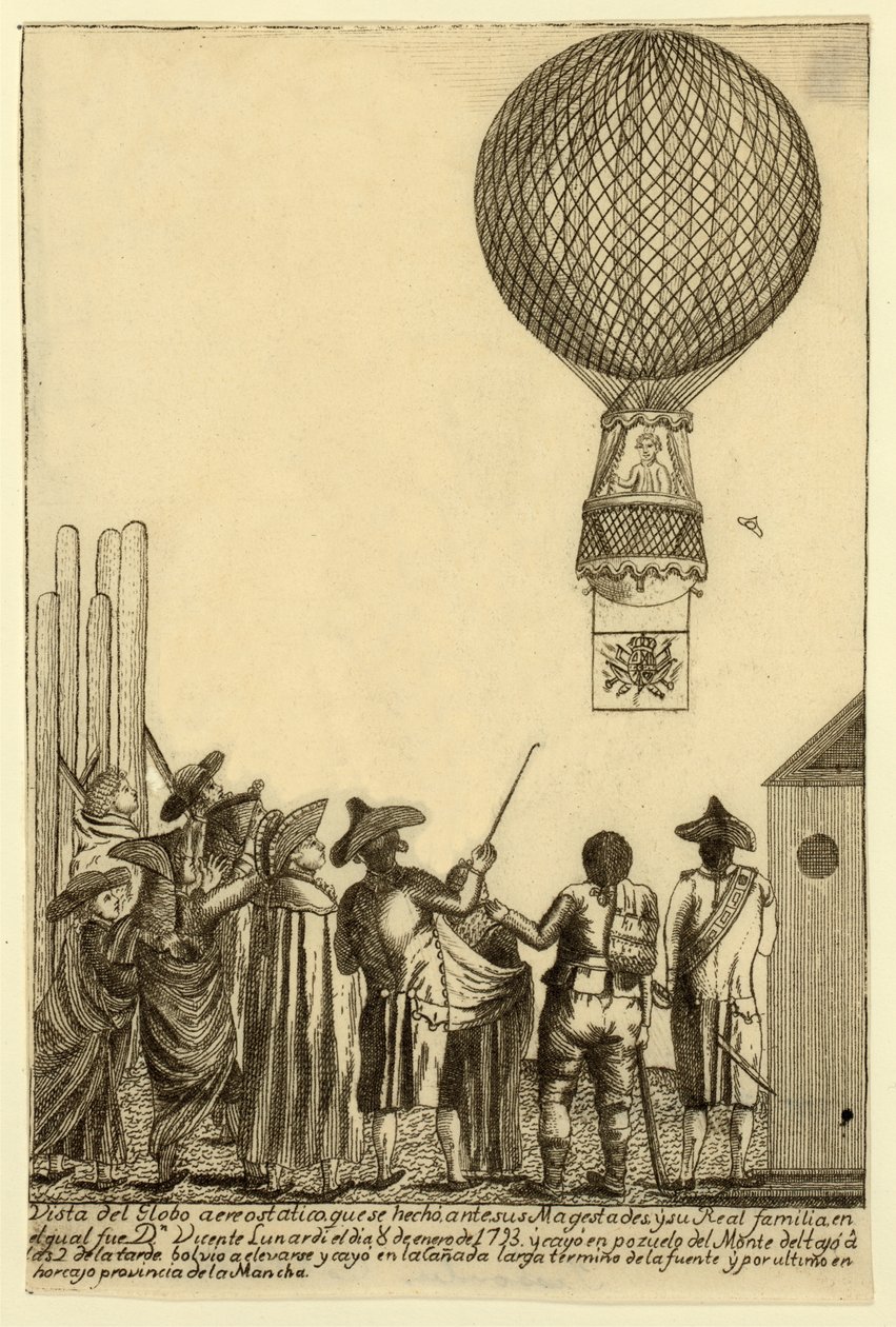 Udsigt over luftballonen, der blev lavet før deres majestæter og deres kongelige familie, hvori var Dn. Vicente Lunardi den 8. januar 1793? pub. 1793 af Italian School