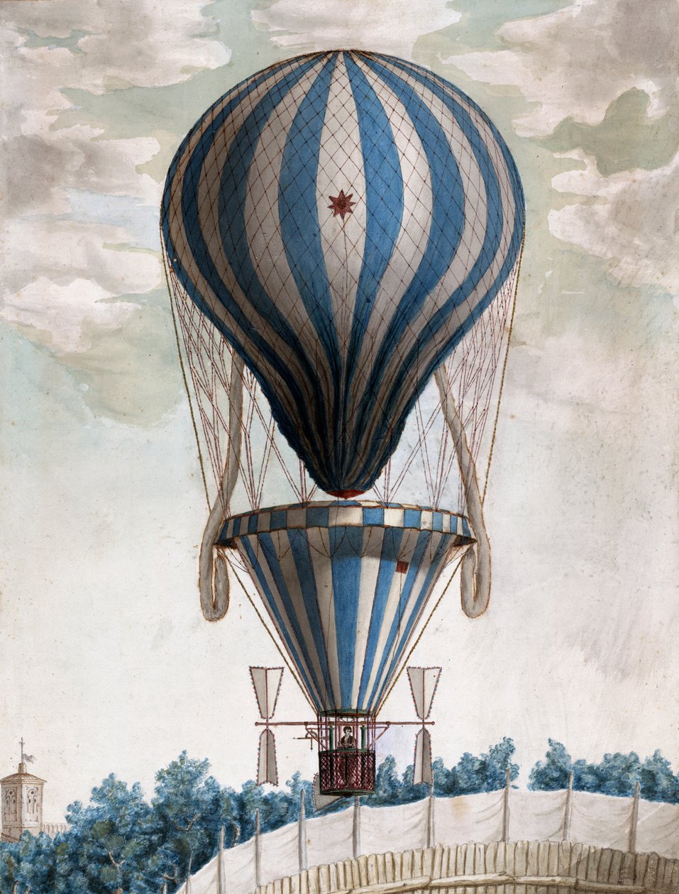 Tidlig varmluftsballon under flyvning af Italian School